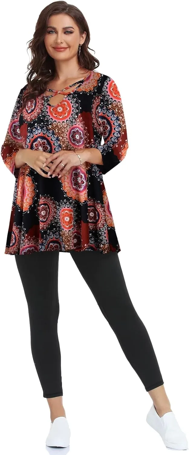 LARACE Plus Size Tops for Women V Neck 3/4 Sleeve Tunic Criss Cross Dress Shirts Casual Fall Blouse for Leggings