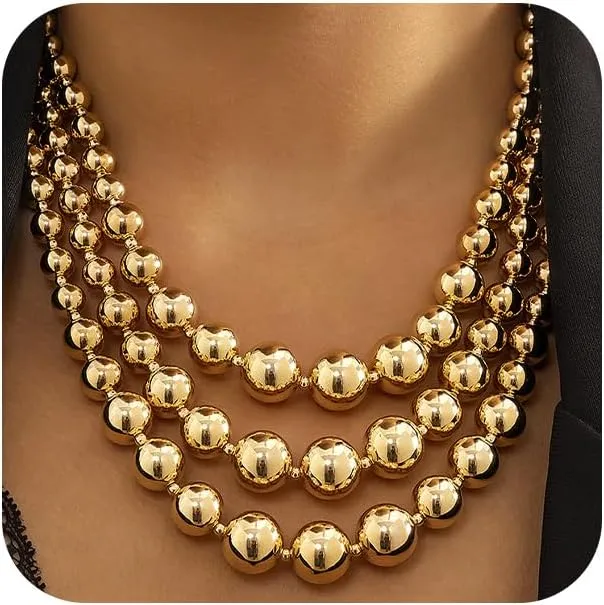 Large Gold Layered Beaded Necklace Set for Women Chunky Round Balls Choker Thick Vintage Costume Dress Collar Necklaces Trendy Hippie Statement Jewelry
