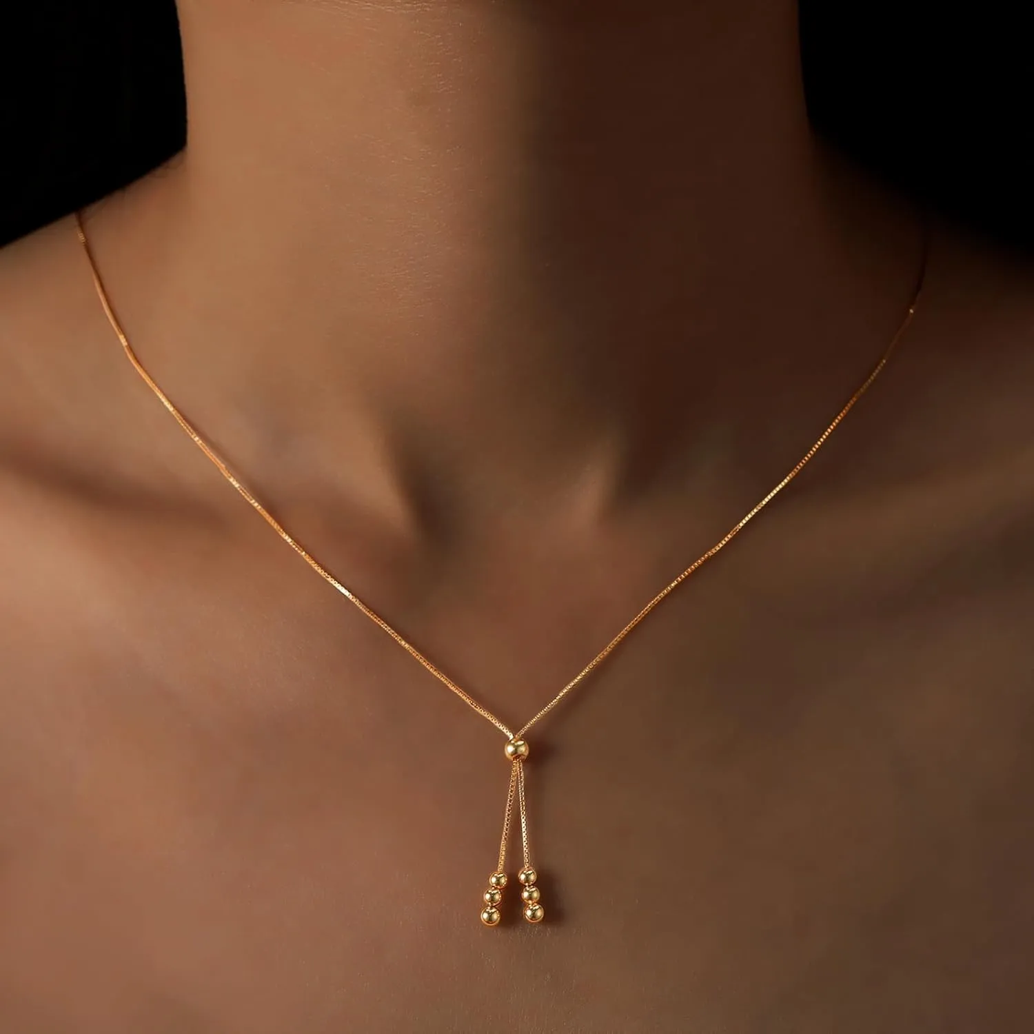 Lariat Gold Necklace for Women S925 Sterling Silver Dainty Layered Bead Necklaces 14k Gold Plated/Silver Adjustable Y-Shaped Tassel Round Beaded Pendant Long Chain Necklace for Mom Birthday Back to School