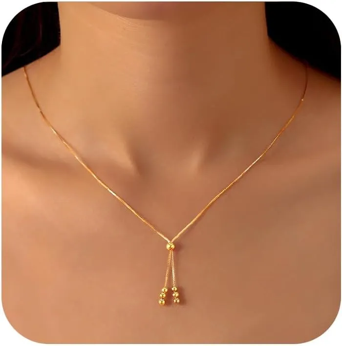Lariat Gold Necklace for Women S925 Sterling Silver Dainty Layered Bead Necklaces 14k Gold Plated/Silver Adjustable Y-Shaped Tassel Round Beaded Pendant Long Chain Necklace for Mom Birthday Back to School