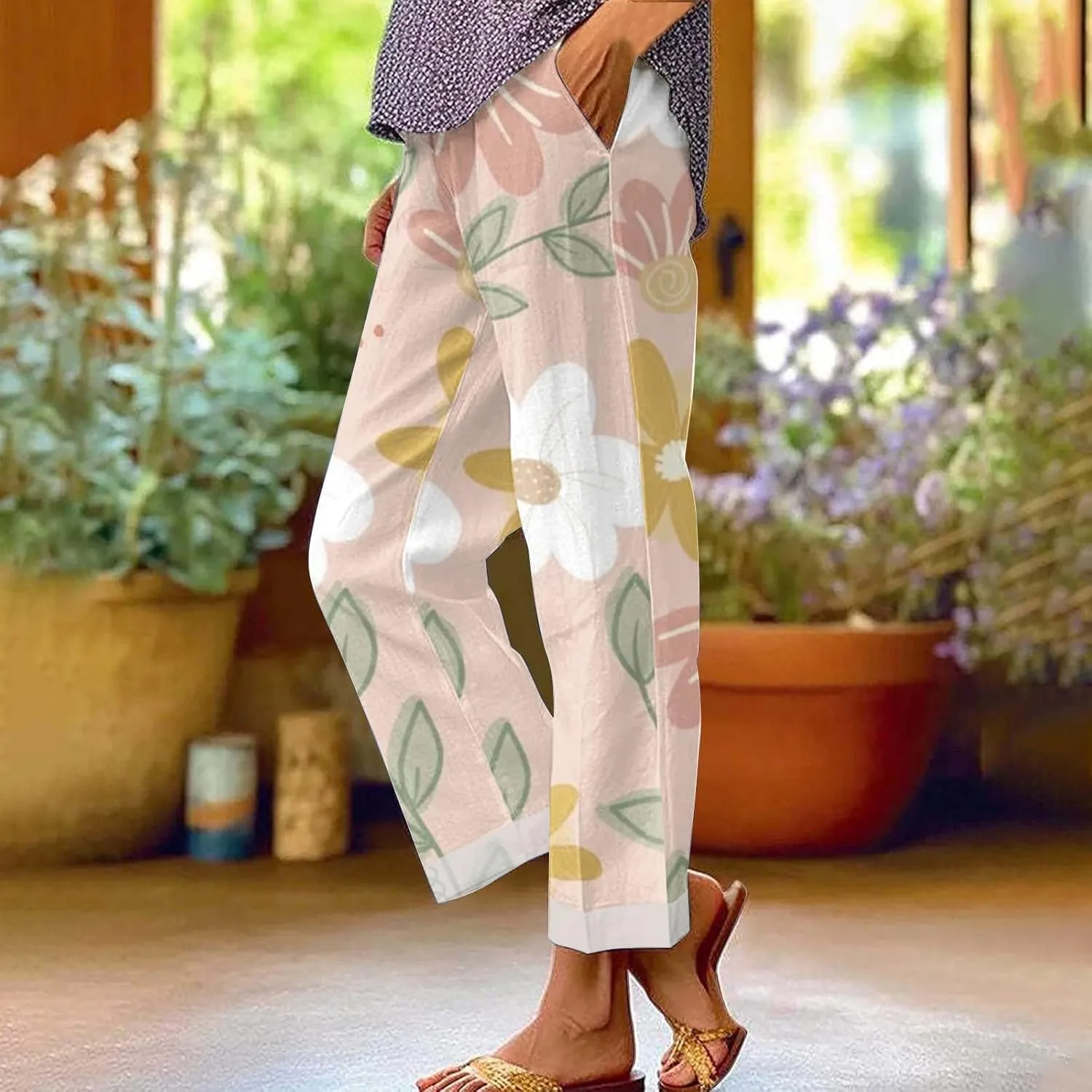 LCMTWX Wide Leg Pants Woman Solid Elastic Pants Long Drawstring Linen Women Waist Cotton Casual Pants Straight Leg Crop