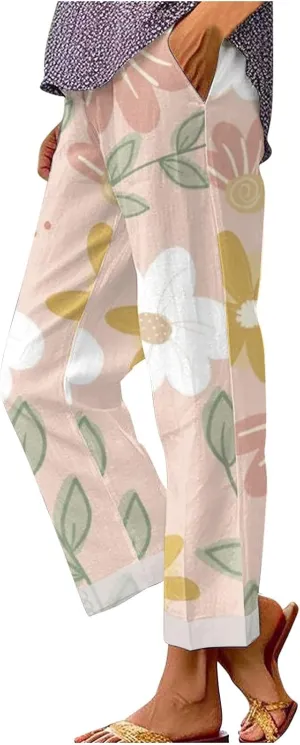 LCMTWX Wide Leg Pants Woman Solid Elastic Pants Long Drawstring Linen Women Waist Cotton Casual Pants Straight Leg Crop