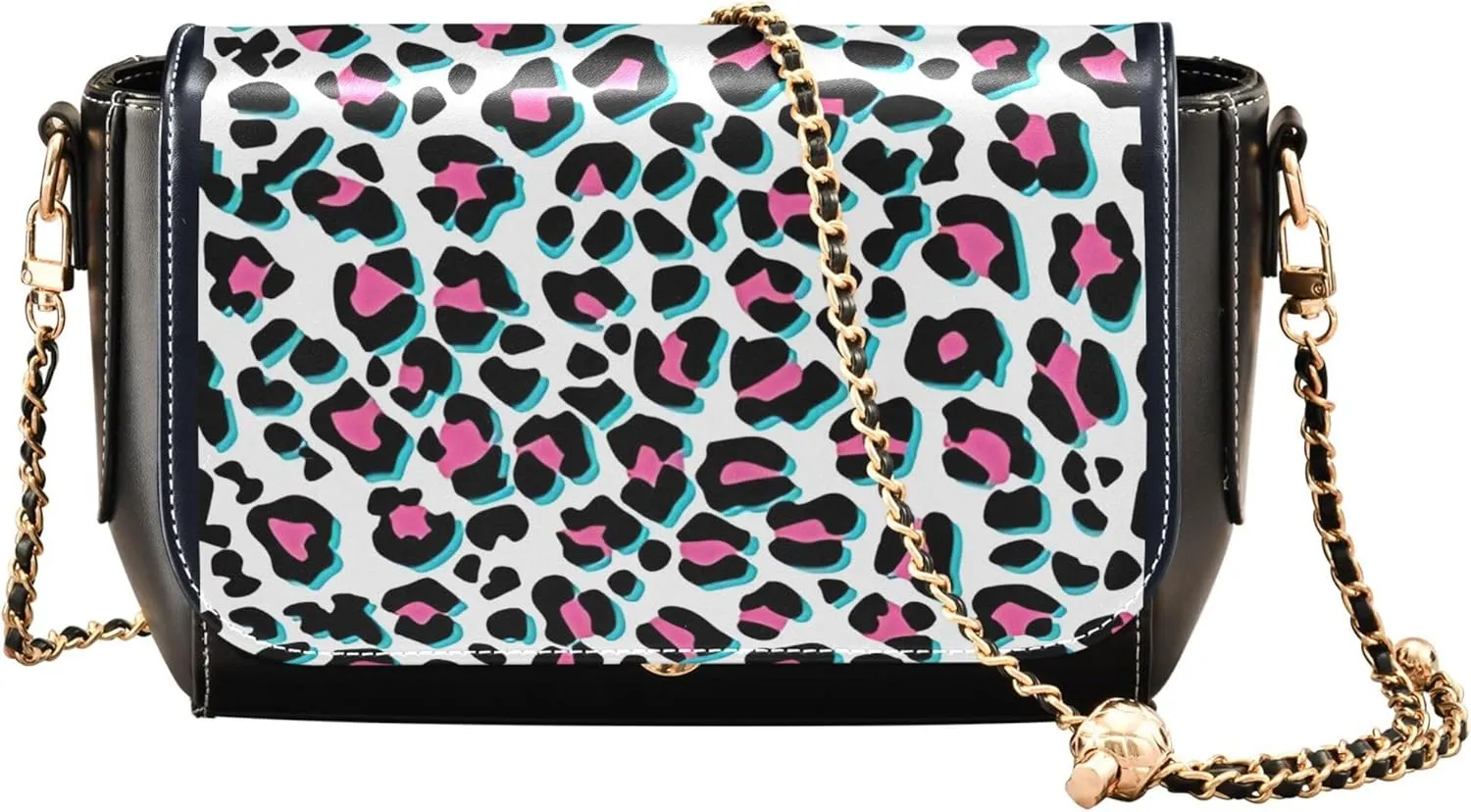 Leopard Skin Women Shoulder Leather Bags Black Women Crossbody Purse Phone Satchel with Chain Strap