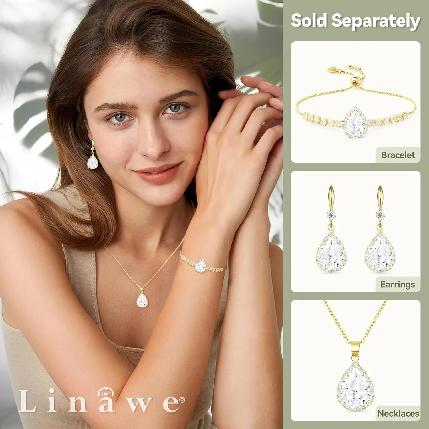 Linawe Imitation Diamond Dangle Earrings for Women Trendy, Rhinestone Drop Chandelier Earrings, Teardrop Crystal Cubic Zirconia Wedding Jewelry Set, 14K Gold/Rose Gold/Silver Tone