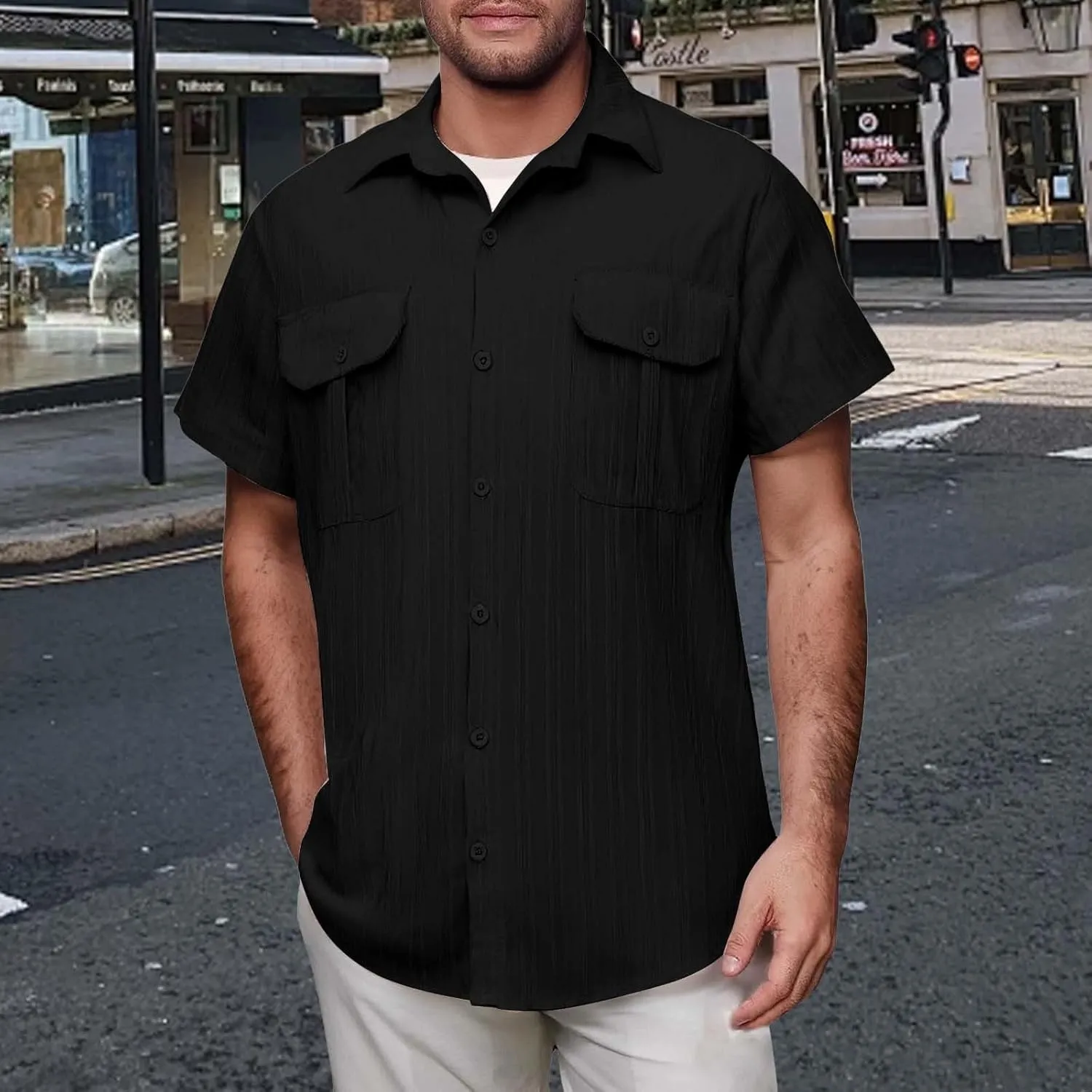 Linen Button Down Shirts for Men Casual Short Sleeve Loose Fit Hawaiian Shirt with Pockets Summer Trendy Beach Tops