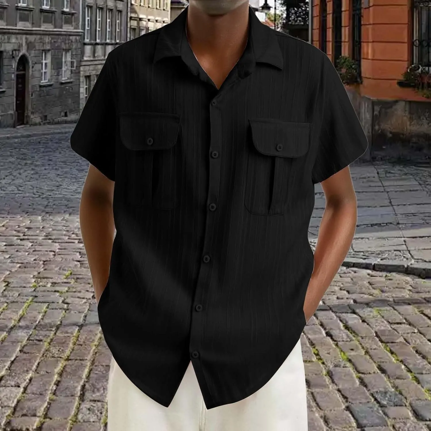 Linen Button Down Shirts for Men Casual Short Sleeve Loose Fit Hawaiian Shirt with Pockets Summer Trendy Beach Tops