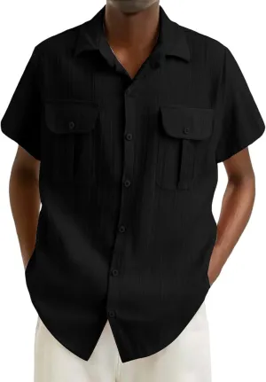 Linen Button Down Shirts for Men Casual Short Sleeve Loose Fit Hawaiian Shirt with Pockets Summer Trendy Beach Tops