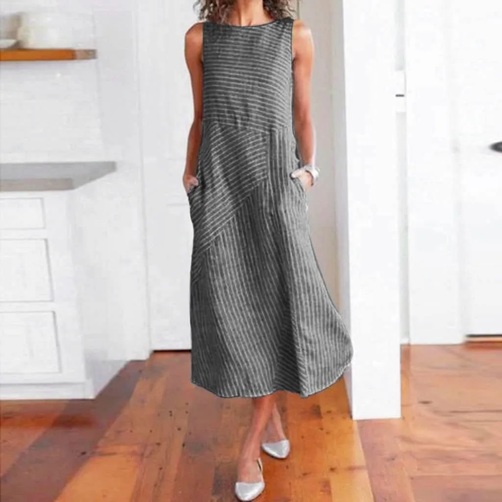 Linen Dress Dresses for Women 2024 with Pockets Plus Size Midi Dress Zipper Flowy Sleeveless Boho Beach Sun Dress