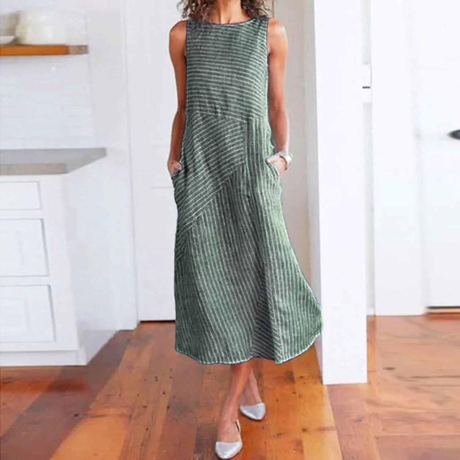 Linen Dress Dresses for Women 2024 with Pockets Plus Size Midi Dress Zipper Flowy Sleeveless Boho Beach Sun Dress
