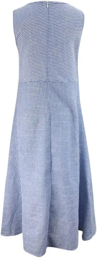 Linen Dress Dresses for Women 2024 with Pockets Plus Size Midi Dress Zipper Flowy Sleeveless Boho Beach Sun Dress