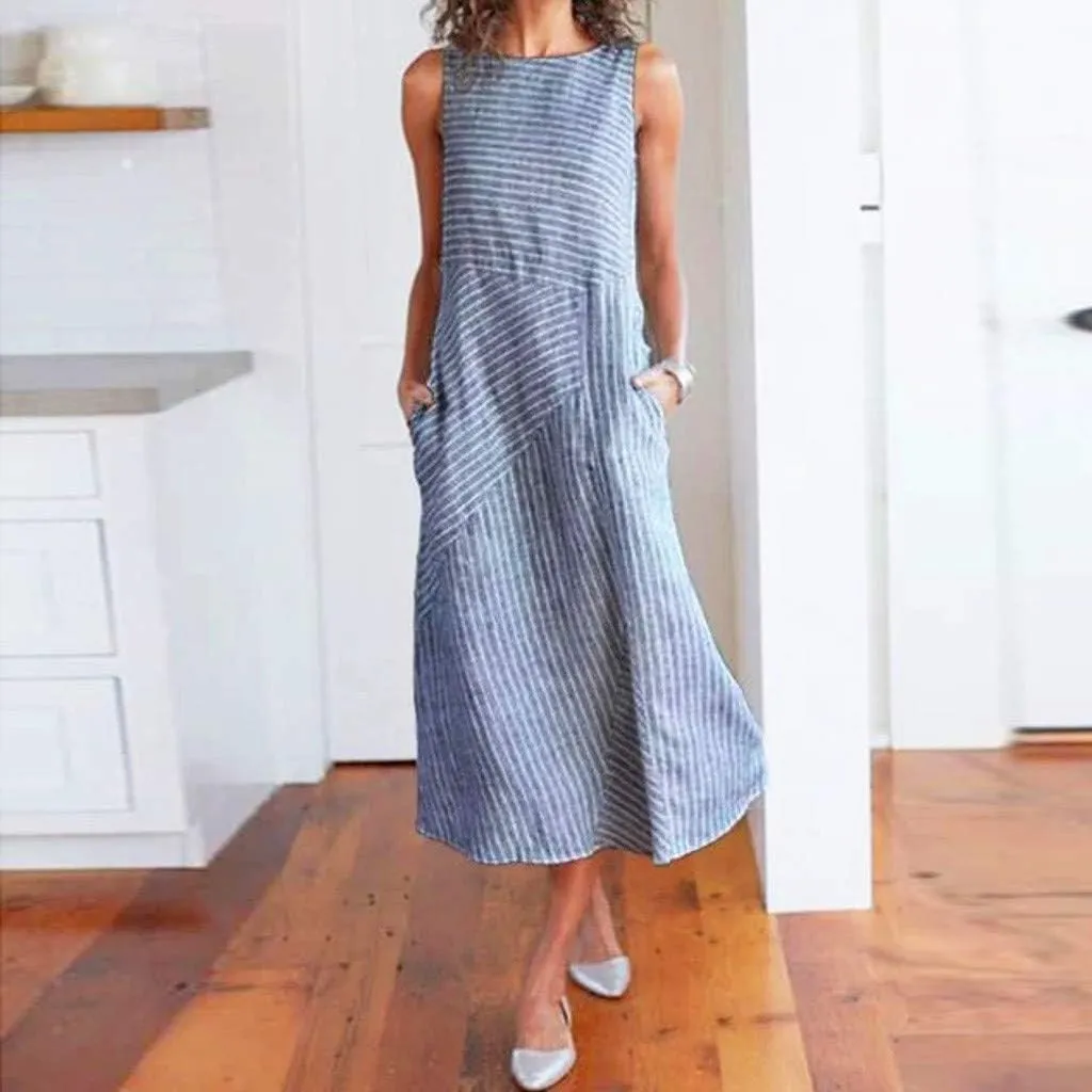Linen Dress Dresses for Women 2024 with Pockets Plus Size Midi Dress Zipper Flowy Sleeveless Boho Beach Sun Dress