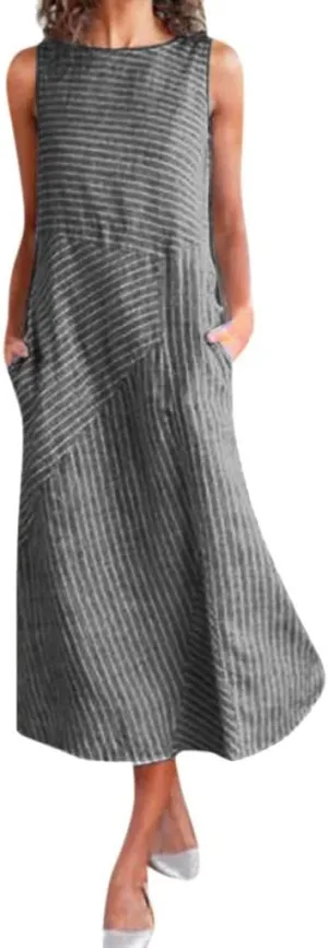 Linen Dress Dresses for Women 2024 with Pockets Plus Size Midi Dress Zipper Flowy Sleeveless Boho Beach Sun Dress