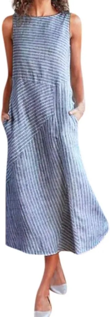 Linen Dress Dresses for Women 2024 with Pockets Plus Size Midi Dress Zipper Flowy Sleeveless Boho Beach Sun Dress
