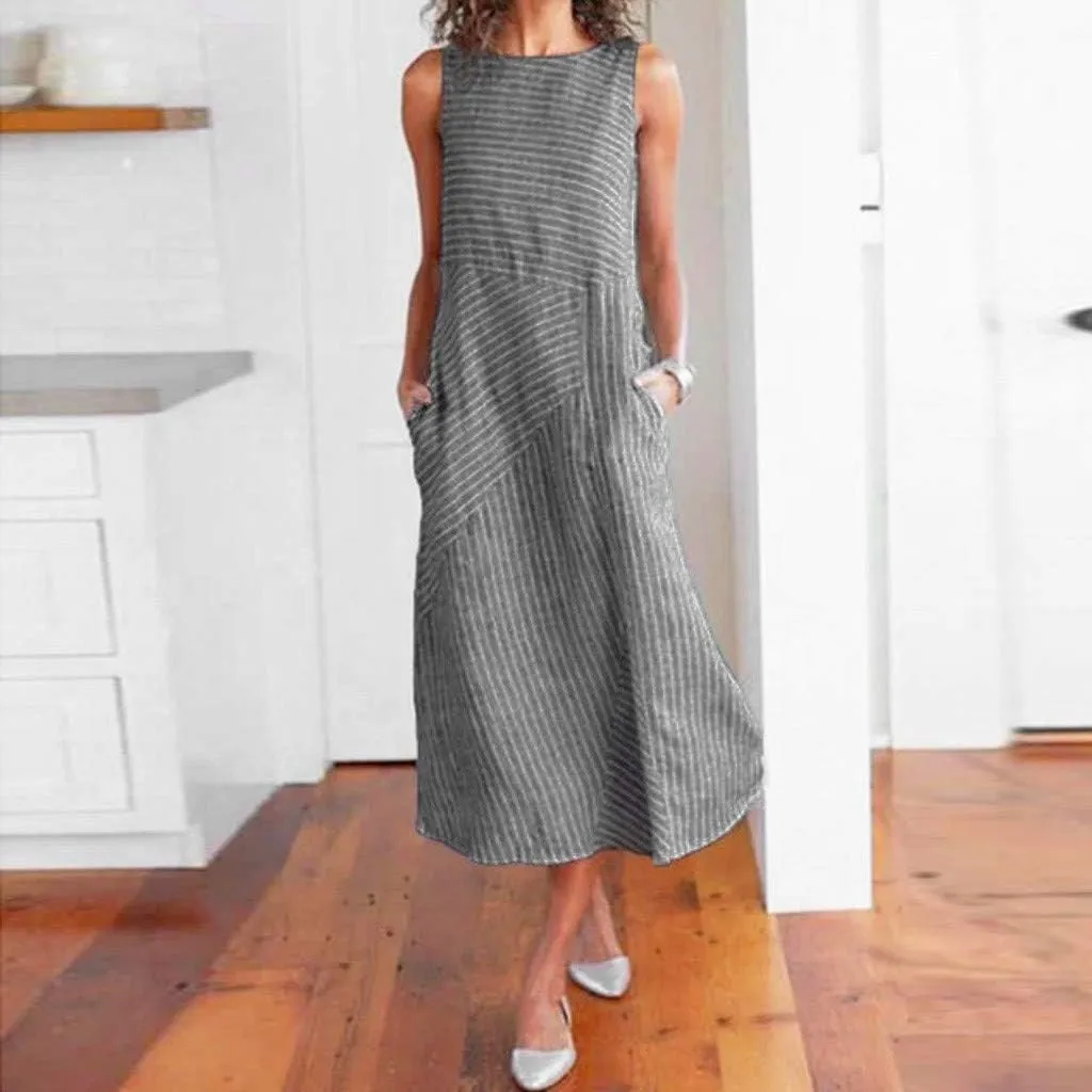 Linen Dress Dresses for Women 2024 with Pockets Plus Size Midi Dress Zipper Flowy Sleeveless Boho Beach Sun Dress