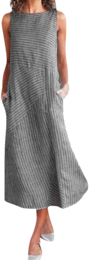 Linen Dress Dresses for Women 2024 with Pockets Plus Size Midi Dress Zipper Flowy Sleeveless Boho Beach Sun Dress