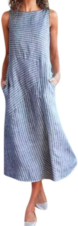 Linen Dress Dresses for Women 2024 with Pockets Plus Size Midi Dress Zipper Flowy Sleeveless Boho Beach Sun Dress