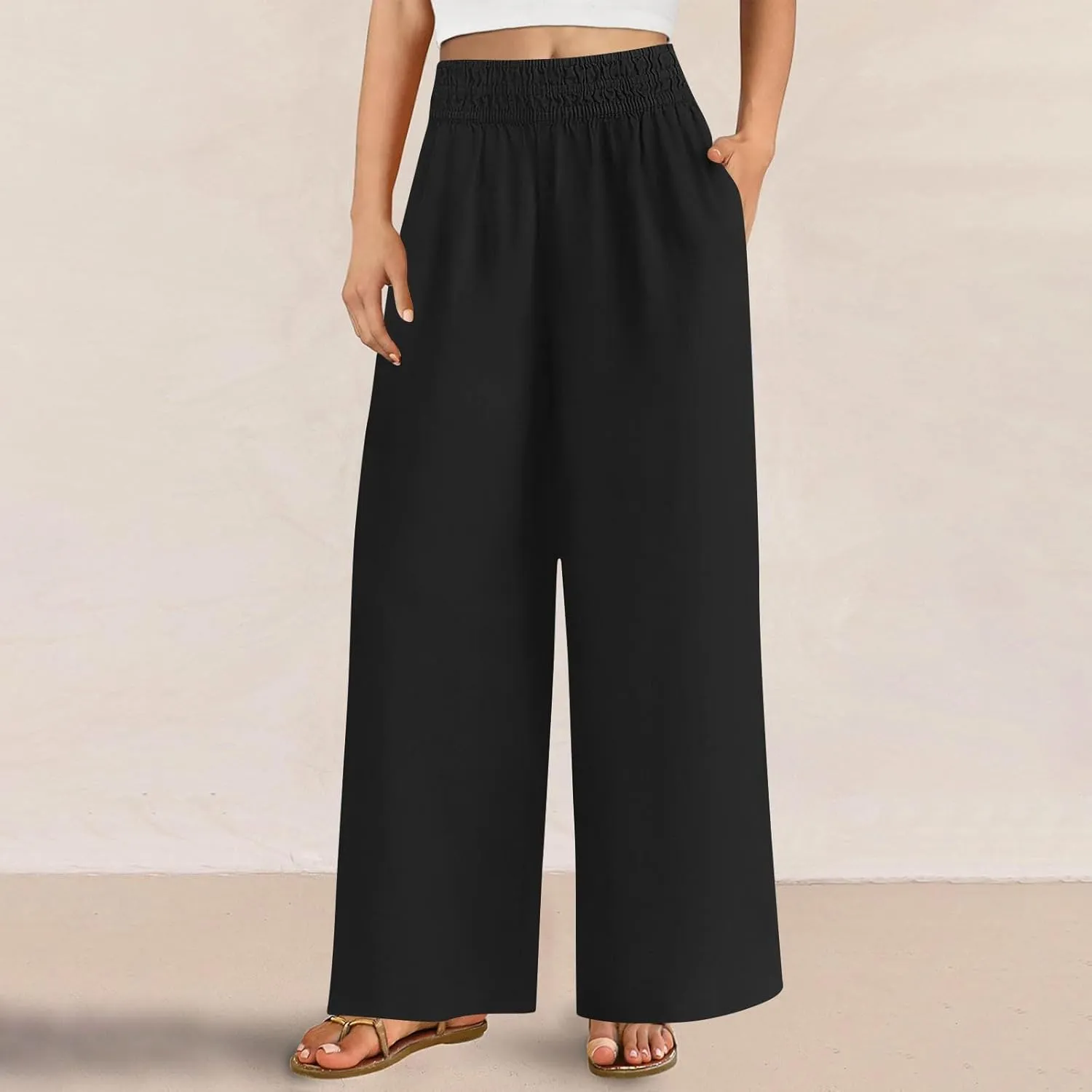 Linen Pants Women Summer Wide Leg Palazzo Pants Casual Elastic Waist Pants Vacation Flowy Linen Trousers with Pockets