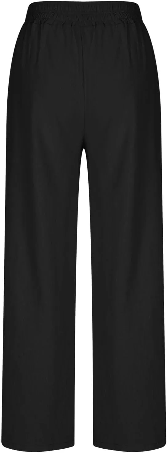 Linen Pants Women Summer Wide Leg Palazzo Pants Casual Elastic Waist Pants Vacation Flowy Linen Trousers with Pockets
