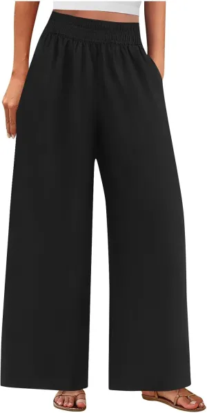 Linen Pants Women Summer Wide Leg Palazzo Pants Casual Elastic Waist Pants Vacation Flowy Linen Trousers with Pockets