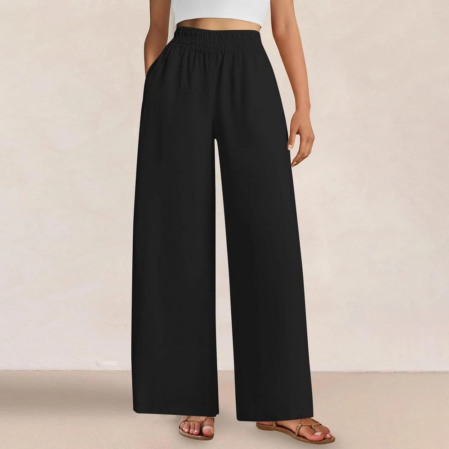 Linen Pants Women Summer Wide Leg Palazzo Pants Casual Elastic Waist Pants Vacation Flowy Linen Trousers with Pockets