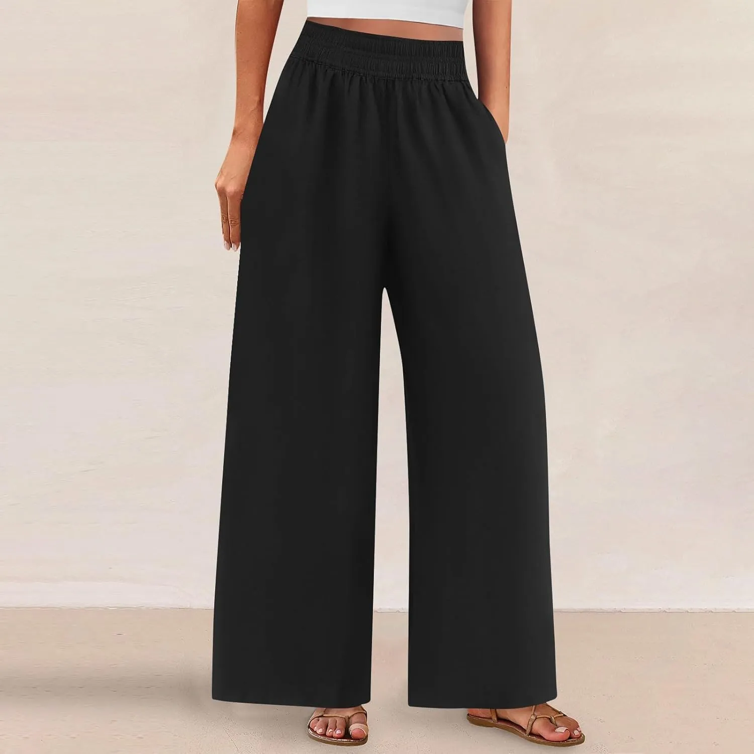 Linen Pants Women Summer Wide Leg Palazzo Pants Casual Elastic Waist Pants Vacation Flowy Linen Trousers with Pockets