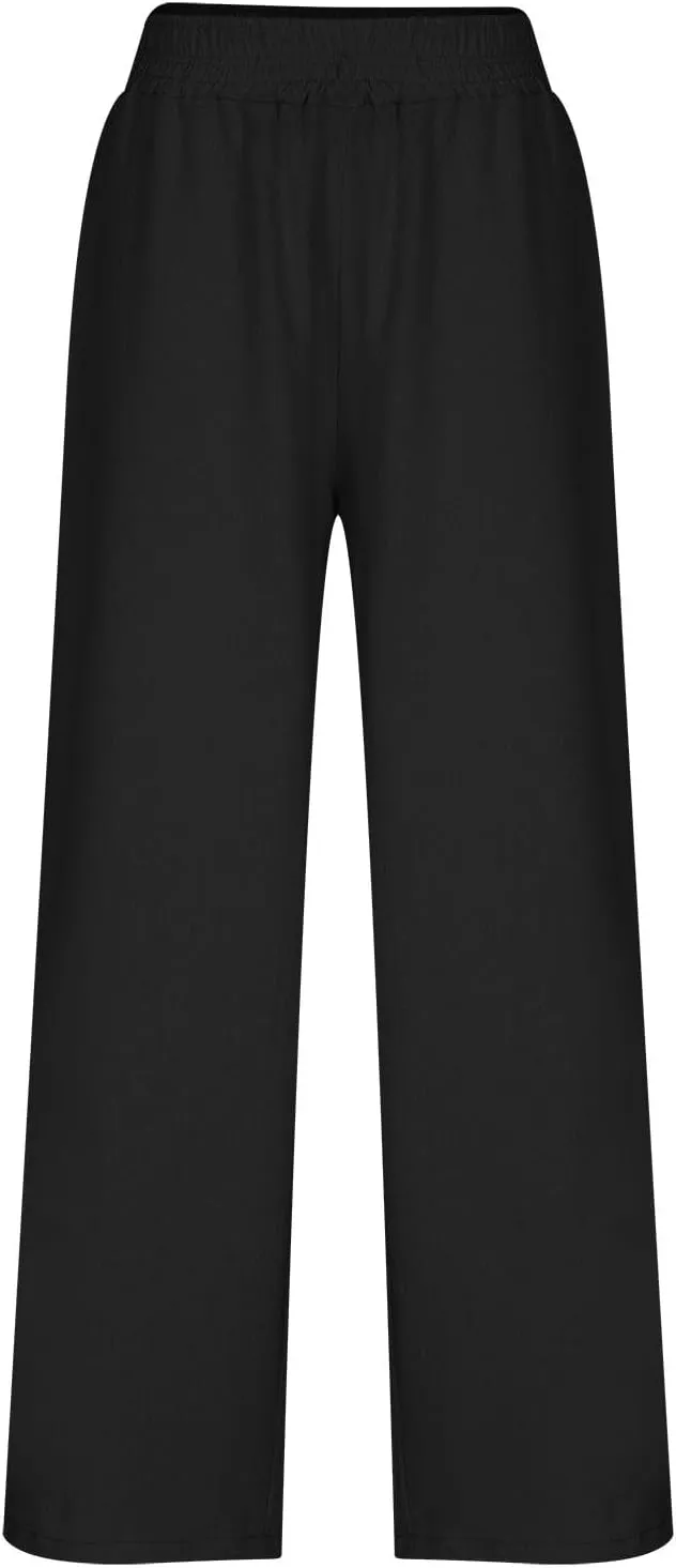 Linen Pants Women Summer Wide Leg Palazzo Pants Casual Elastic Waist Pants Vacation Flowy Linen Trousers with Pockets
