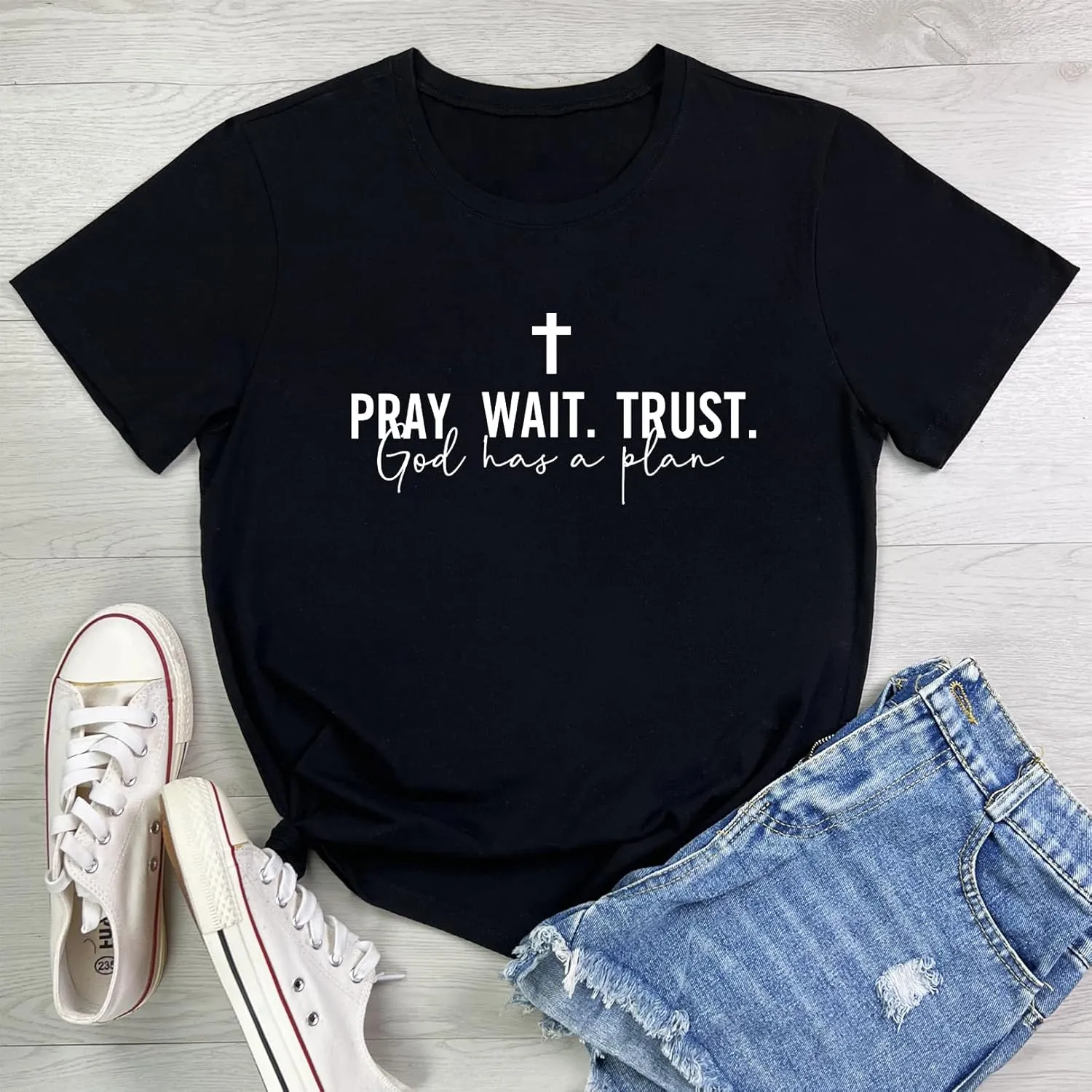 LOOKFACE Women Pray Wait Trust Soft Tees Cute Graphic T Shirts