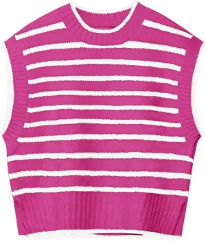 Lueluoye Sweater Vest for Women 2024 Crew Neck Cap Sleeve Tops Striped Knit Tank Top S-2XL
