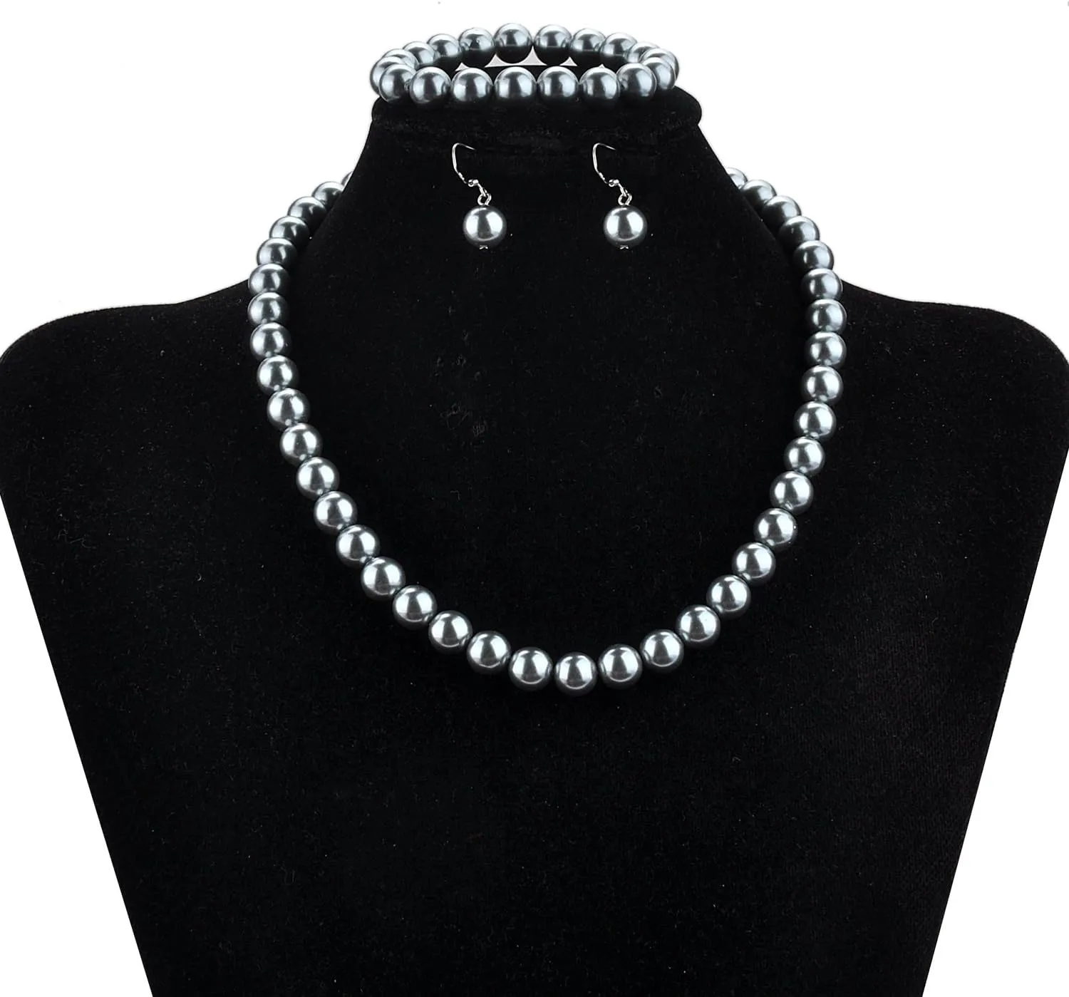 LUREME Fashion Style Pearl Elastic Necklace Bracelet Dangle Earring Set(09000649)