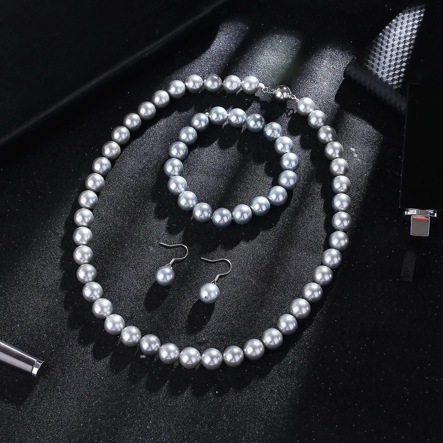 LUREME Fashion Style Pearl Elastic Necklace Bracelet Dangle Earring Set(09000649)