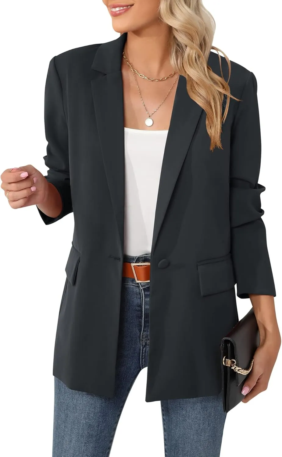 LUYAA Womens Oversized Blazer Jacket Casual Work Office Open Front Suit Jacket with Linning and Shoulder Pads