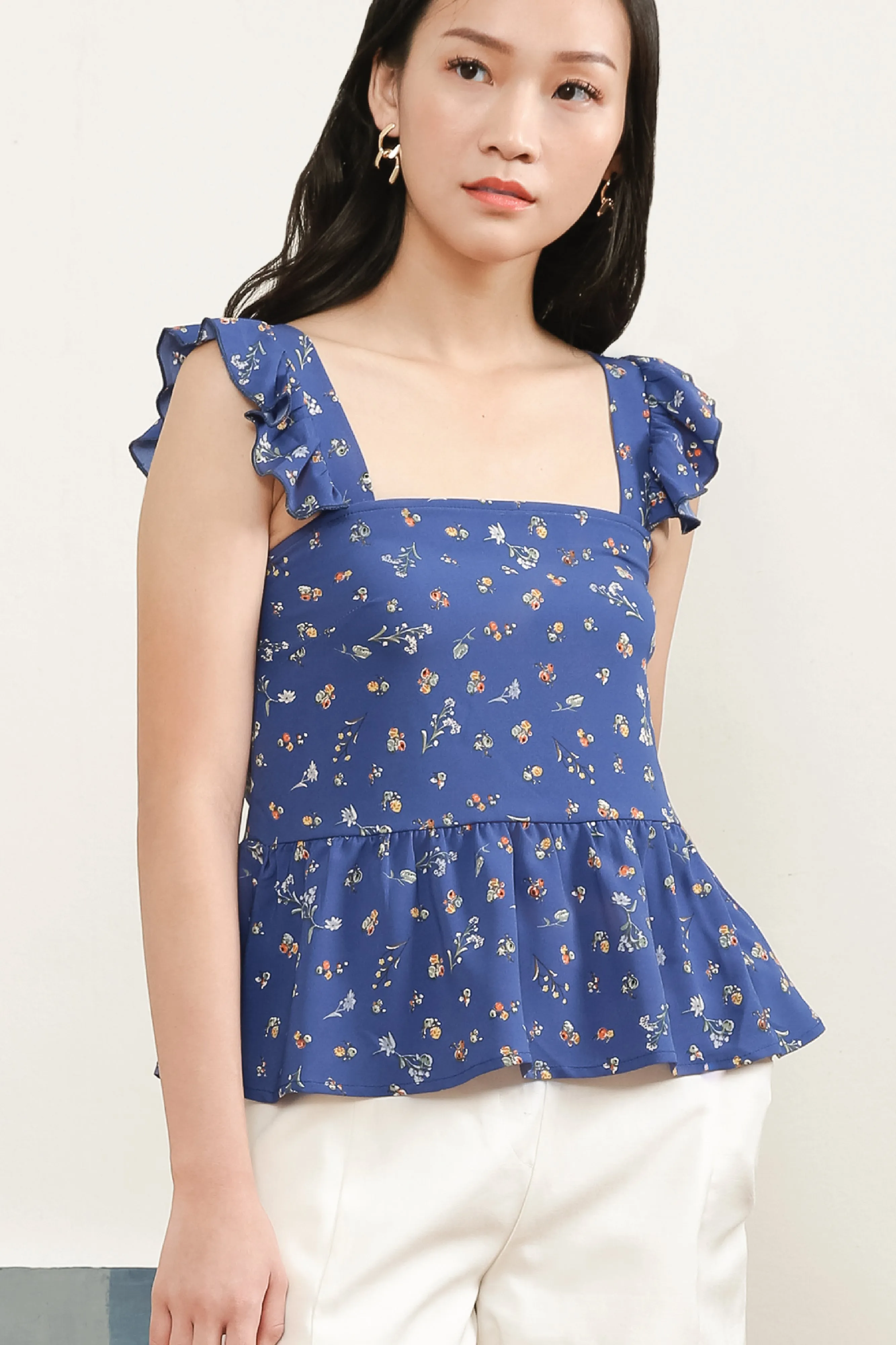 Madeline Printed Ruffle Top In Blue