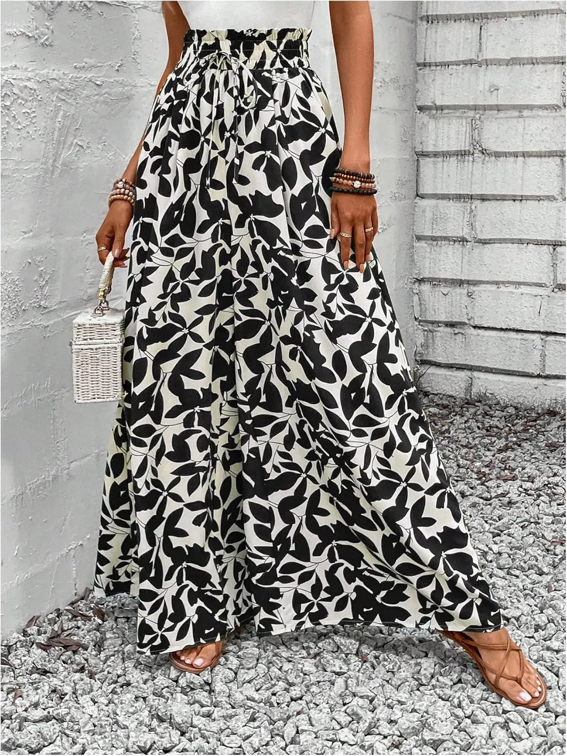 MakeMeChic Women's Floral Wide Leg Trousers Elastic High Waist Frill Trim Loose Long Palazzo Pants