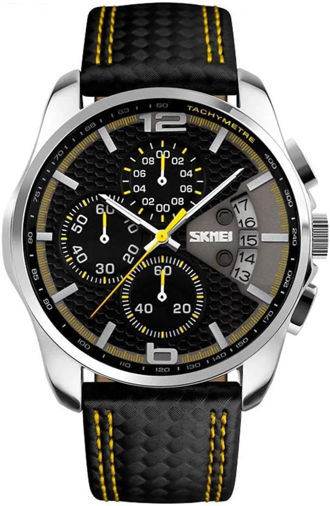 MASTOP Mens Analog Quartz Watches Black Leather Band Calendar Chronograph Waterproof Sports Watch Yellow