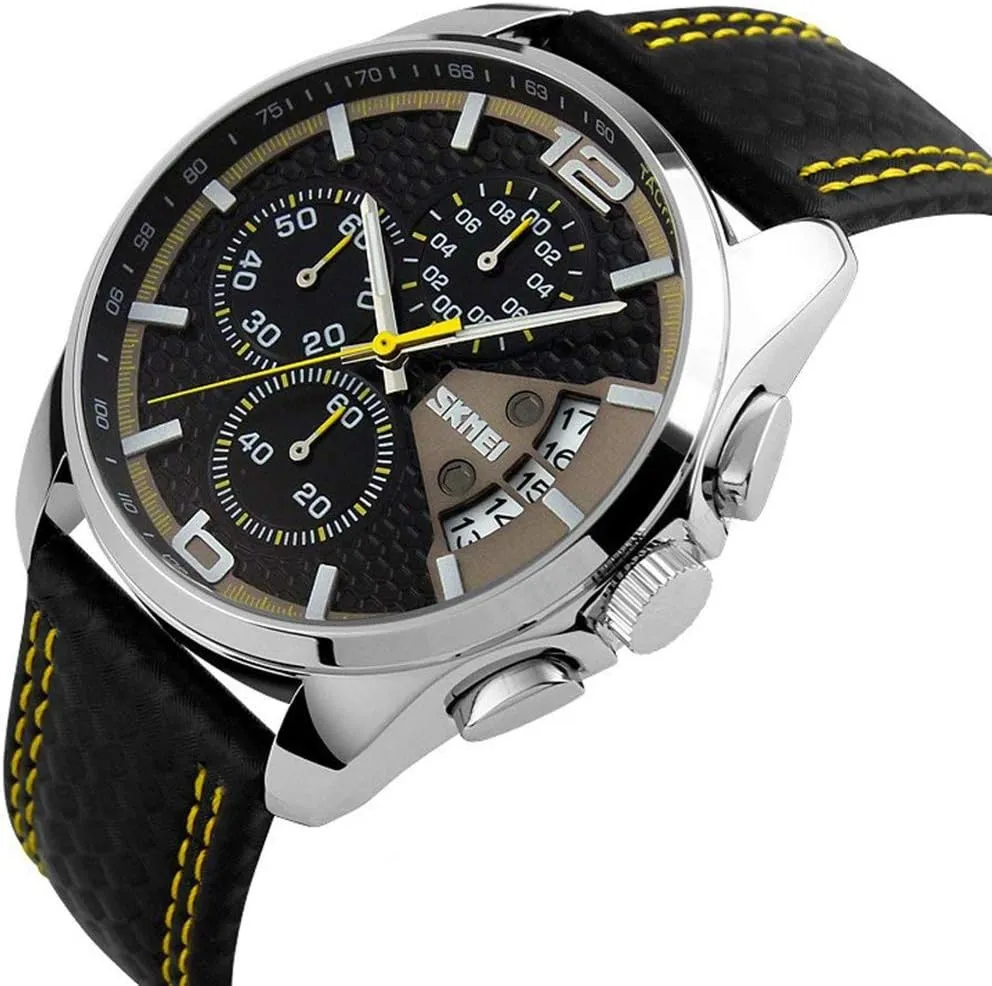 MASTOP Mens Analog Quartz Watches Black Leather Band Calendar Chronograph Waterproof Sports Watch Yellow