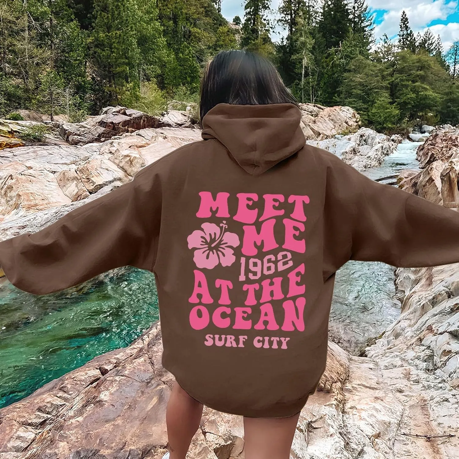 Meet Me at The Ocean Graphic Hoodie For Women Trendy Letter Printed Long Sleeve Hoodie Oversized Casual Pullover Tops