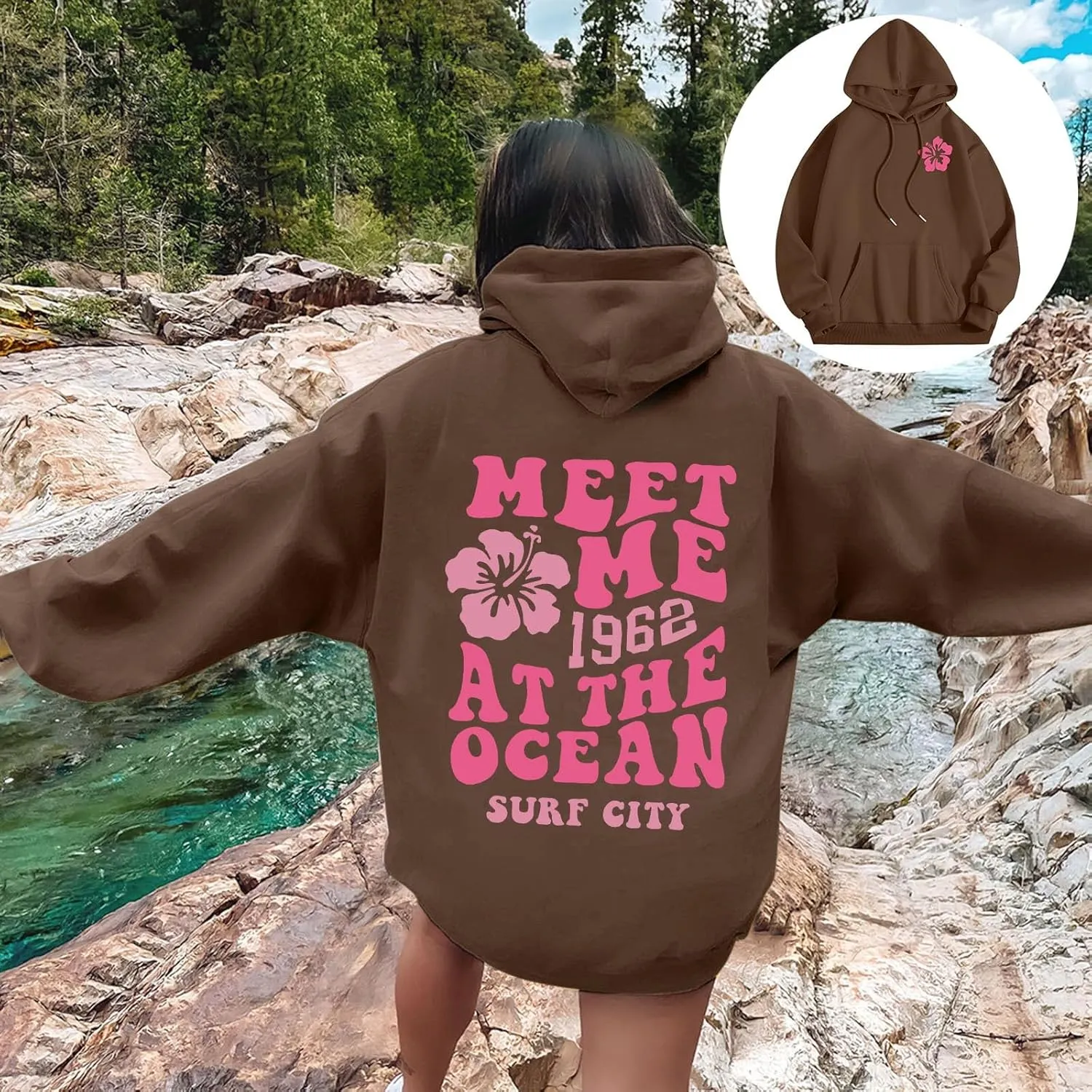Meet Me at The Ocean Graphic Hoodie For Women Trendy Letter Printed Long Sleeve Hoodie Oversized Casual Pullover Tops