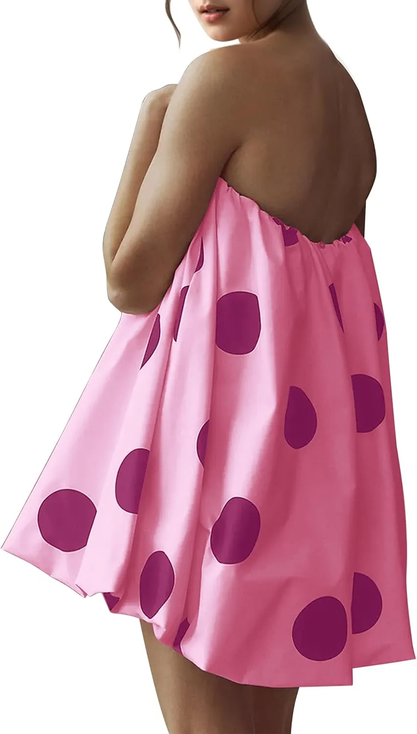 Meladyan Women??s Polka Dot Bubble Mini Dress Strapless Backless Loose Fit Tube Dress Elegant Pleated Elastic Beach Dress