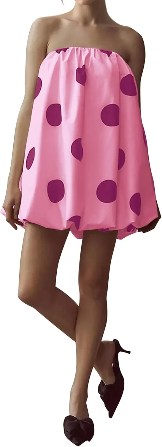 Meladyan Women??s Polka Dot Bubble Mini Dress Strapless Backless Loose Fit Tube Dress Elegant Pleated Elastic Beach Dress