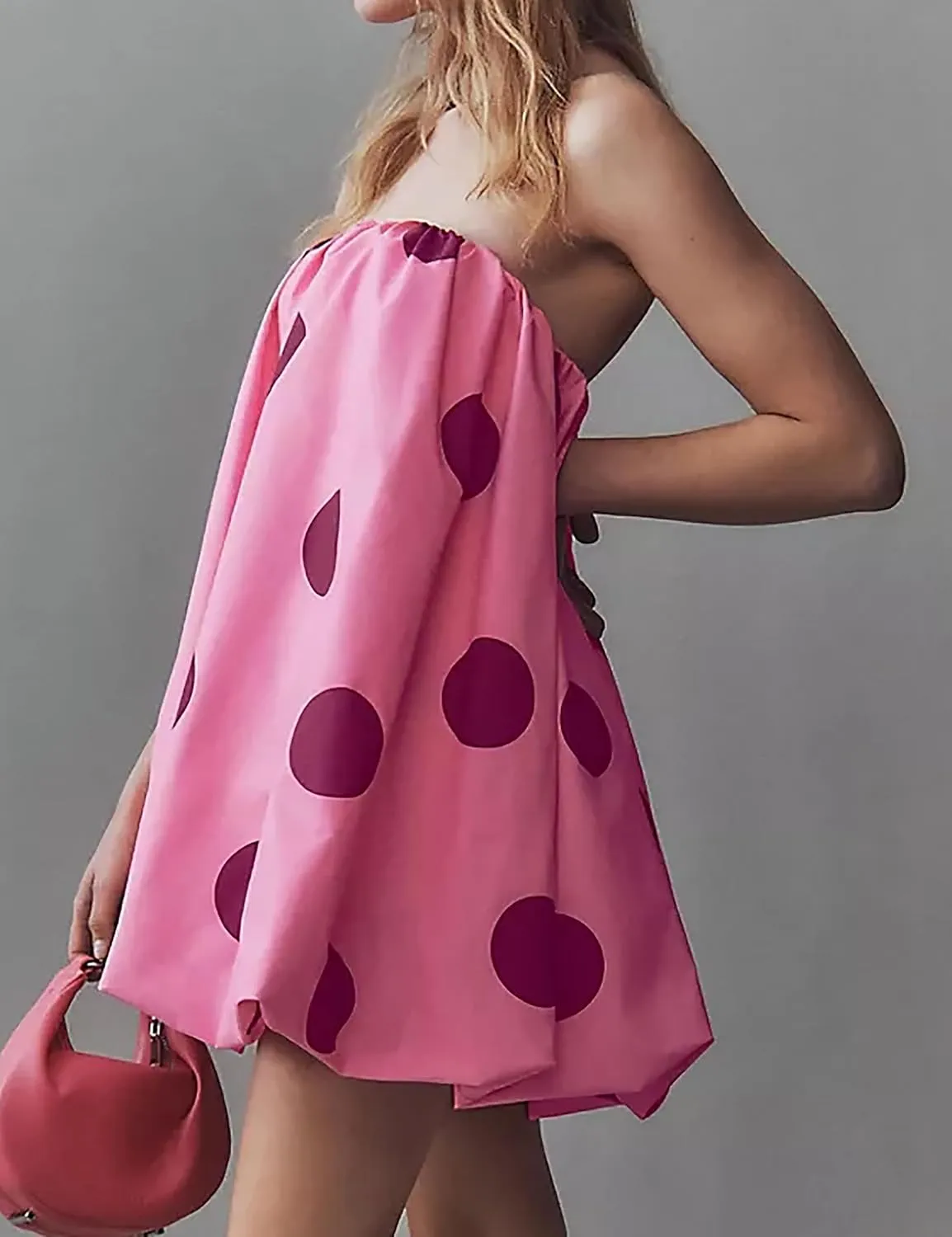 Meladyan Women??s Polka Dot Bubble Mini Dress Strapless Backless Loose Fit Tube Dress Elegant Pleated Elastic Beach Dress