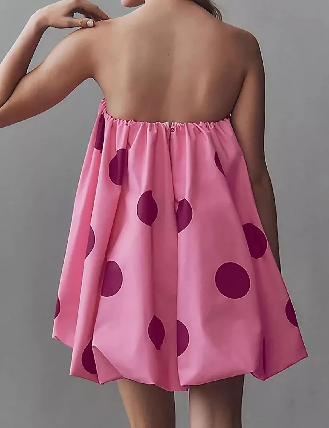 Meladyan Women??s Polka Dot Bubble Mini Dress Strapless Backless Loose Fit Tube Dress Elegant Pleated Elastic Beach Dress