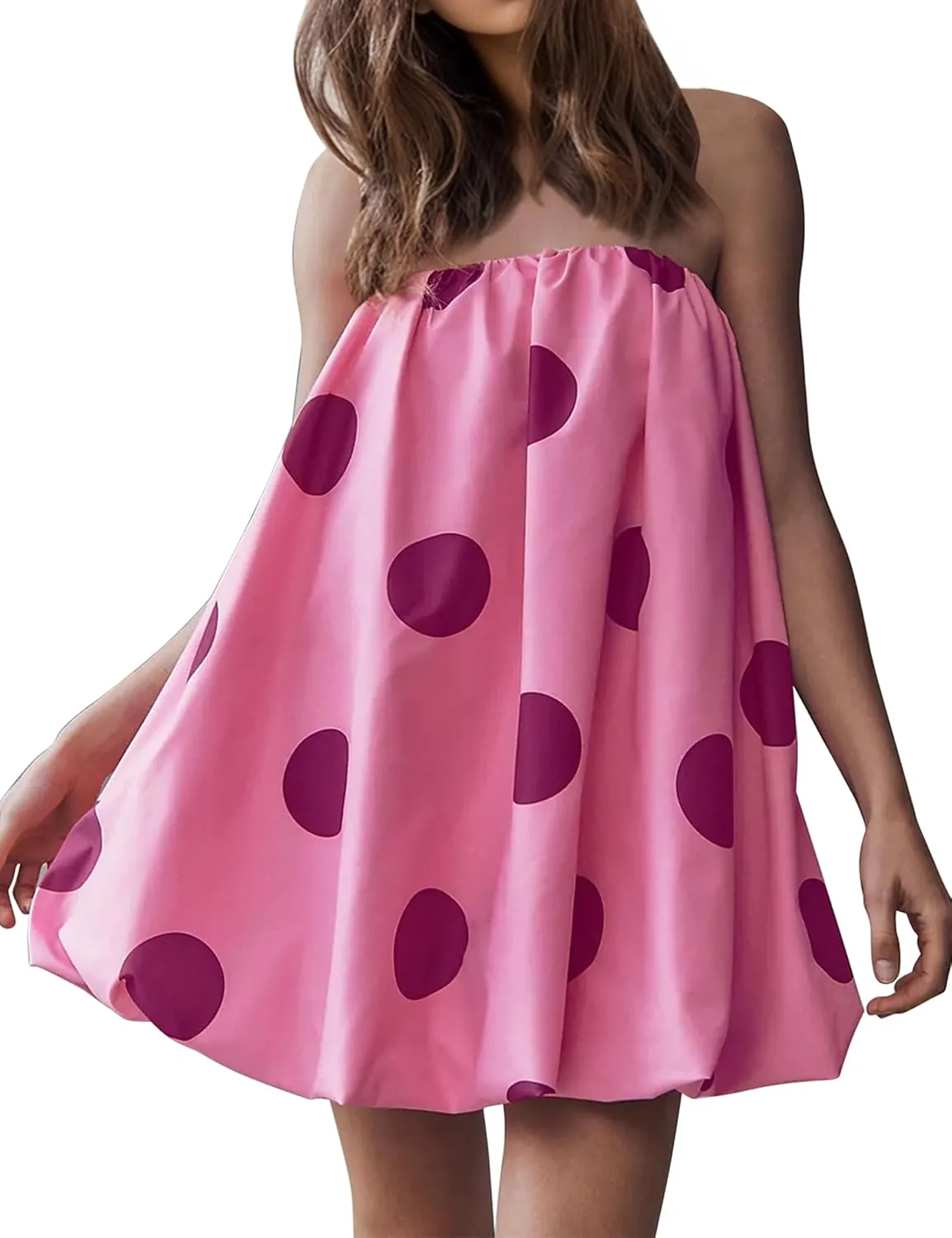 Meladyan Women??s Polka Dot Bubble Mini Dress Strapless Backless Loose Fit Tube Dress Elegant Pleated Elastic Beach Dress