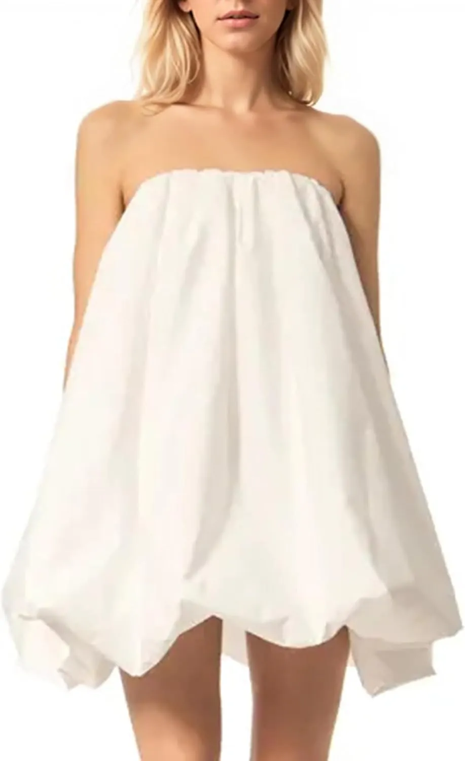 Meladyan Women??s Polka Dot Bubble Mini Dress Strapless Backless Loose Fit Tube Dress Elegant Pleated Elastic Beach Dress