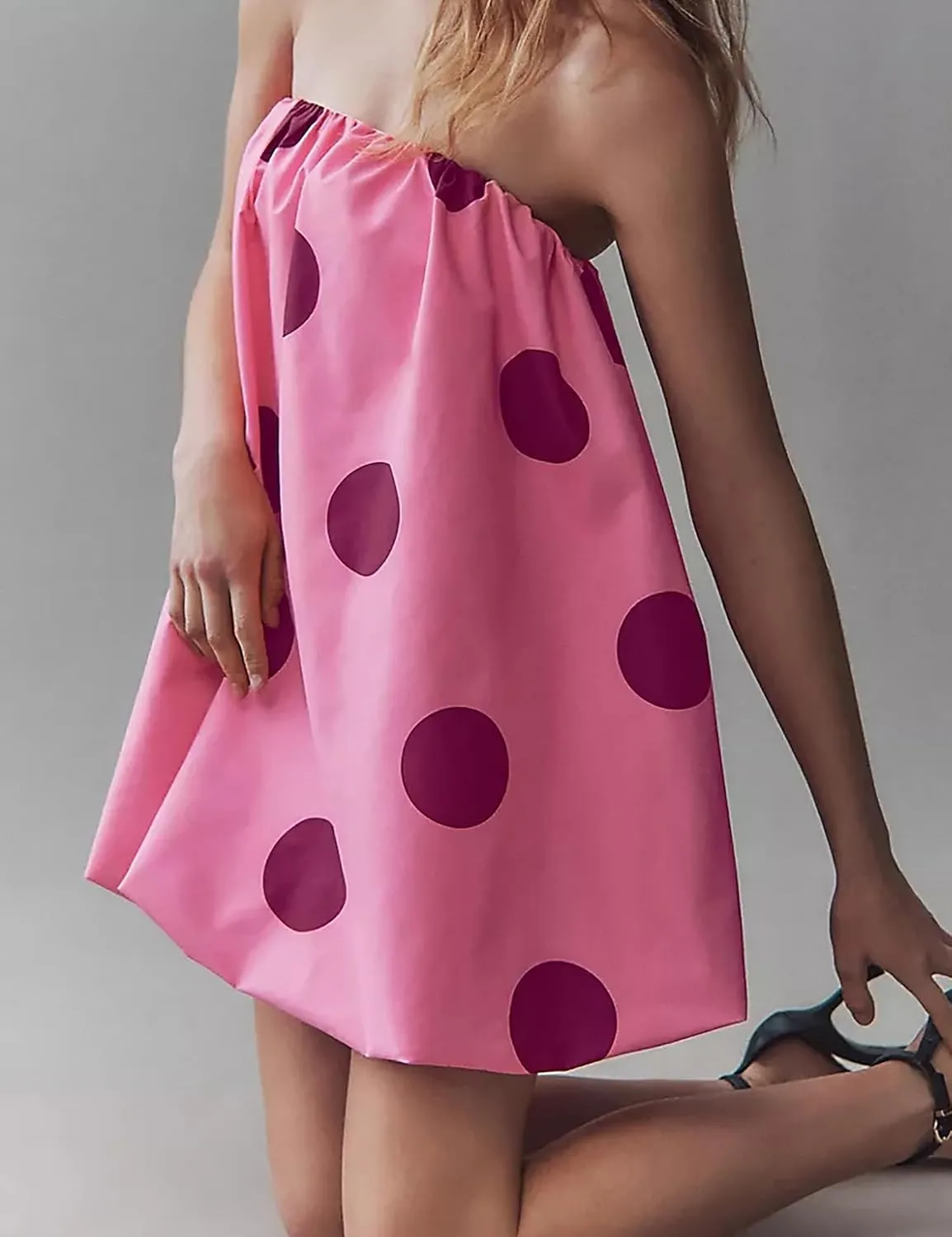 Meladyan Women??s Polka Dot Bubble Mini Dress Strapless Backless Loose Fit Tube Dress Elegant Pleated Elastic Beach Dress