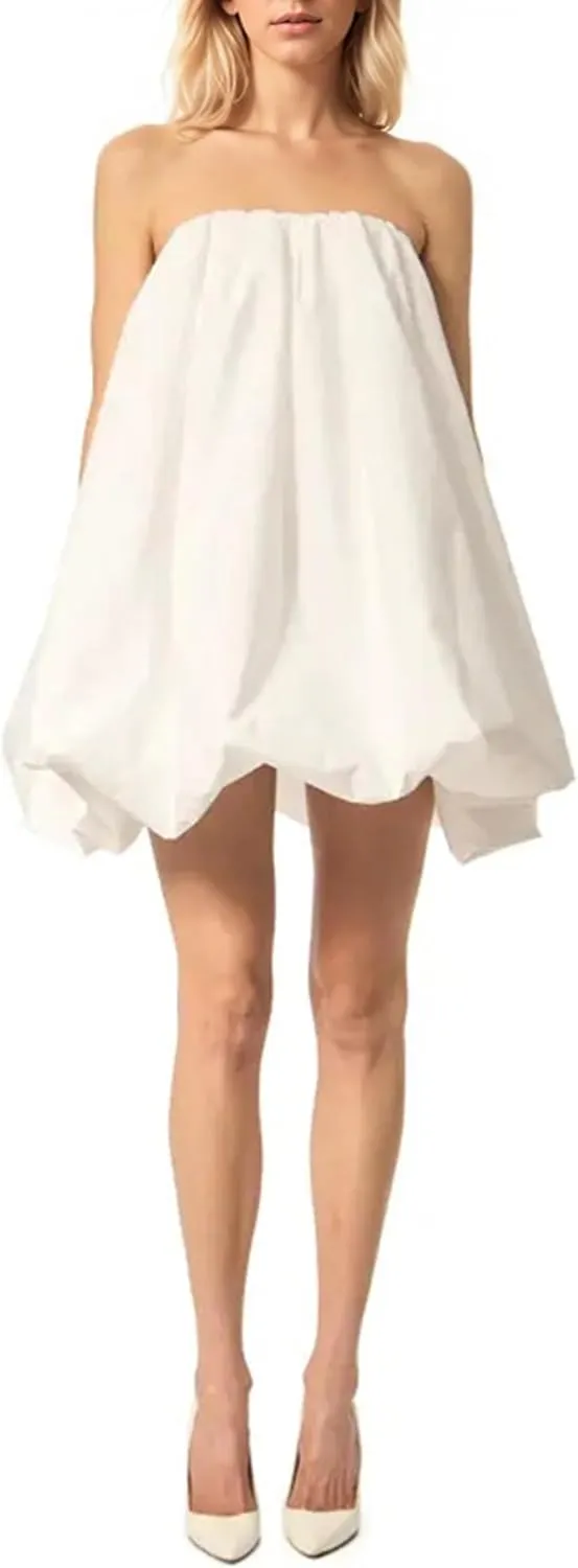 Meladyan Women??s Polka Dot Bubble Mini Dress Strapless Backless Loose Fit Tube Dress Elegant Pleated Elastic Beach Dress