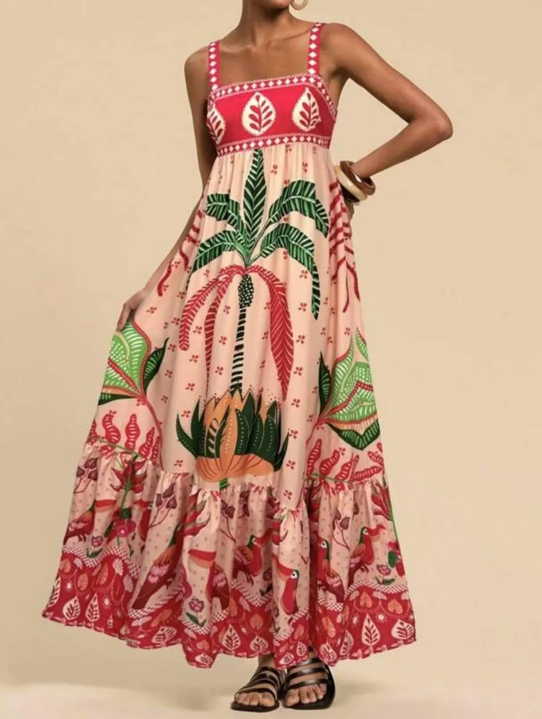 Melliflo Boho Maxi Cami Dress for Women Spaghetti Strap A Line Long Dress Summer Flowy Beach Vacation Tropical Sundress