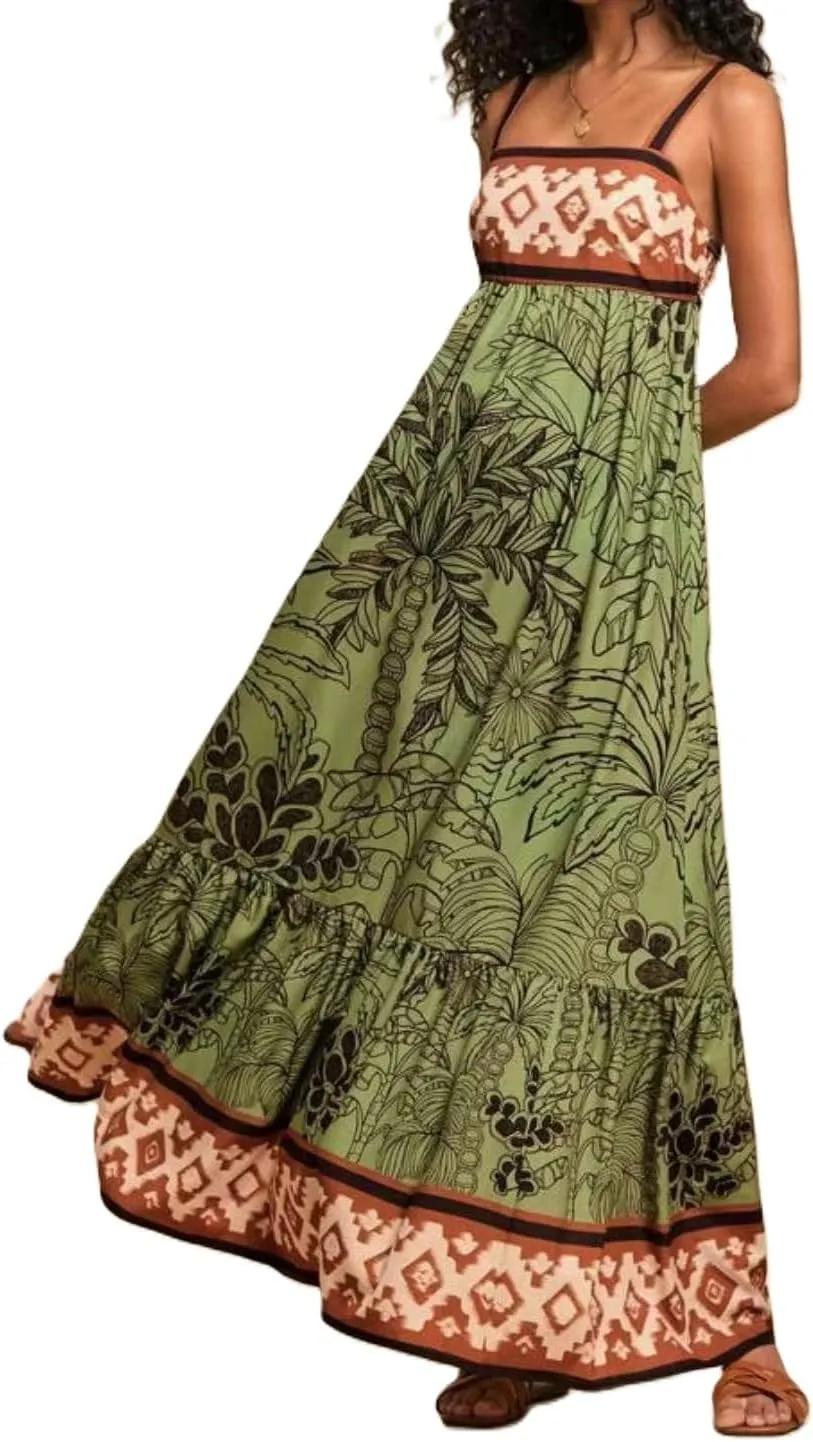 Melliflo Boho Maxi Cami Dress for Women Spaghetti Strap A Line Long Dress Summer Flowy Beach Vacation Tropical Sundress