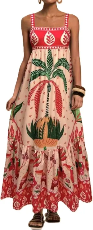Melliflo Boho Maxi Cami Dress for Women Spaghetti Strap A Line Long Dress Summer Flowy Beach Vacation Tropical Sundress