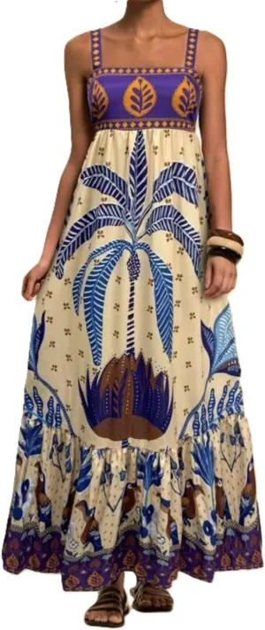 Melliflo Boho Maxi Cami Dress for Women Spaghetti Strap A Line Long Dress Summer Flowy Beach Vacation Tropical Sundress