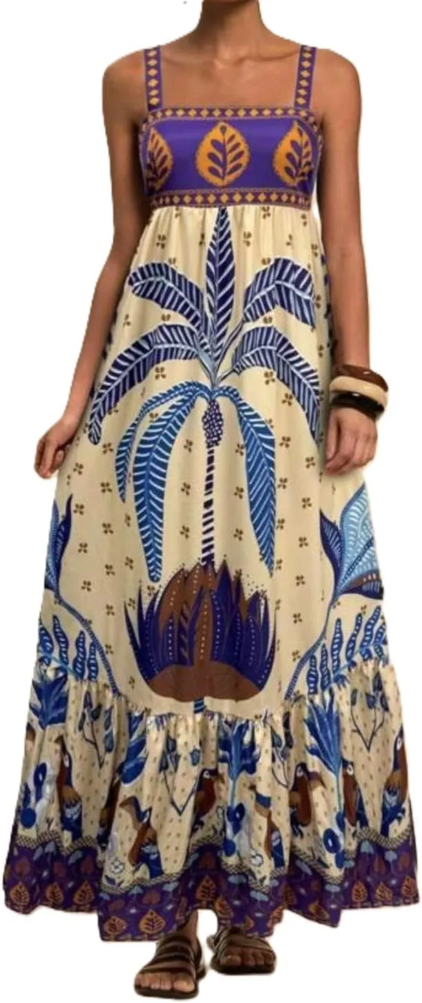 Melliflo Boho Maxi Cami Dress for Women Spaghetti Strap A Line Long Dress Summer Flowy Beach Vacation Tropical Sundress